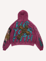 Figure&Letter&Cross Print Slant Pockets Hoodie