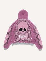 Skull Heart Letter Faux Rhinestones Print Faux Decal Print Slant Pockets Hoodie