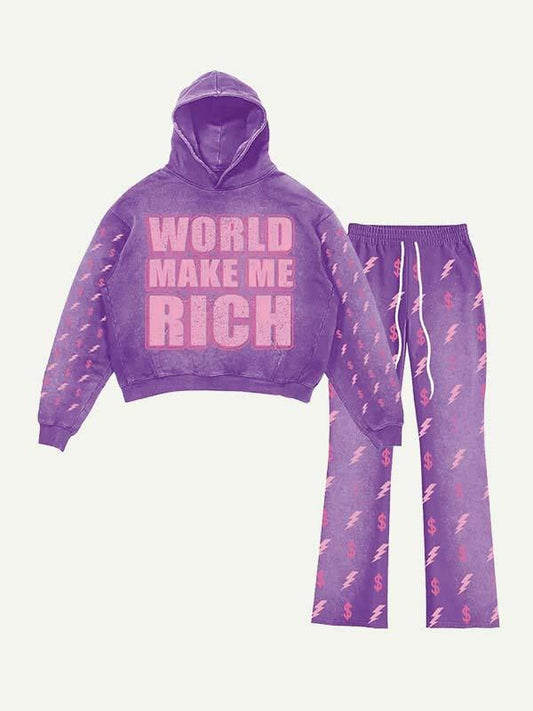 Money&Letter&Lightning Print Elastic Waist Two-Piece Set