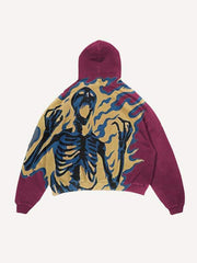 Fire Skeleton Print Slant Pockets Hoodie