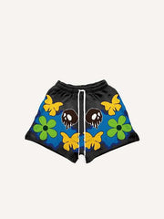 Colorblock Floral&Skull Faux Decal Print Drawstring Waist Shorts