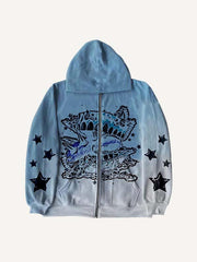 Colorblock Star Graphic Print Zip Up Slant Pockets Hooded Coat