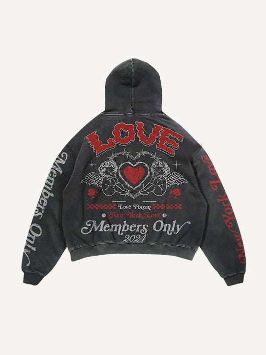 Kapuzenpullover mit Amor-, Blumen-, Herz- und Buchstaben-Print und schrägen Taschen