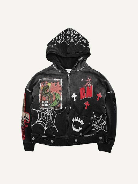 Skeleton&Sword&Vampire Fangs&Cross&Spider Web Faux Decal Print Zip Up Hooded Coat
