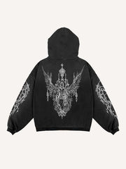 Figure&Wing&Graphic Print Zip Up Hooded Coat
