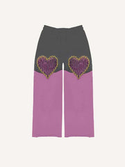Colorblock Heart&Letter Faux Decal Print Elastic Waist Pants