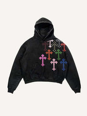 Cross Print Slant Pockets Hoodie