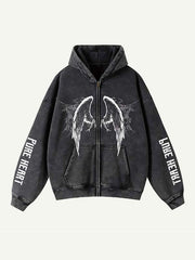 Skull&Figure&Wing&Letter Zip Up Slant Pockets Hooded Coat