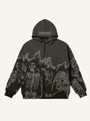Letter&Skeleton Print Zip Up Hooded Coat