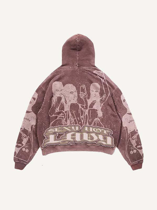 Hooded Figure&Letter&Butterfly Faux Decal Print Slant Pockets Hoodie