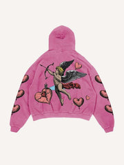 Cupid&Heart Print Slant Pockets Hoodie