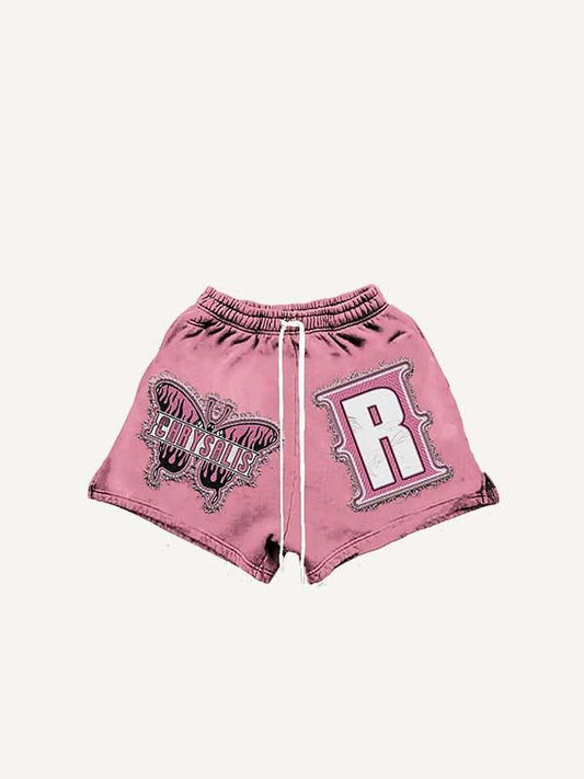 Fire Butterfly Faux Decal Print Drawstring Waist Shorts