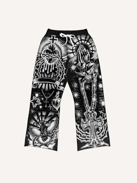Pray&Heart&Cross Graphic All Over Print Elastic Waist Pants