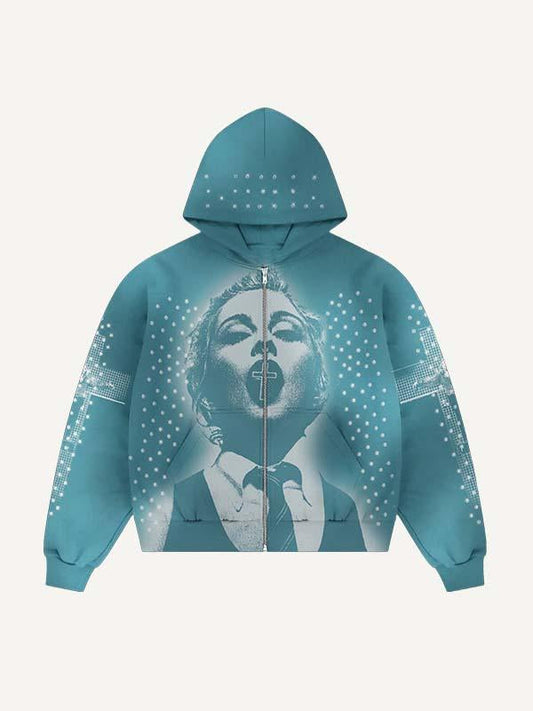 Figure Cross Faux Rhinestones Print Zip Up Hooded Coat