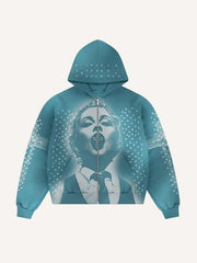Figure Cross Faux Rhinestones Print Zip Up Hooded Coat