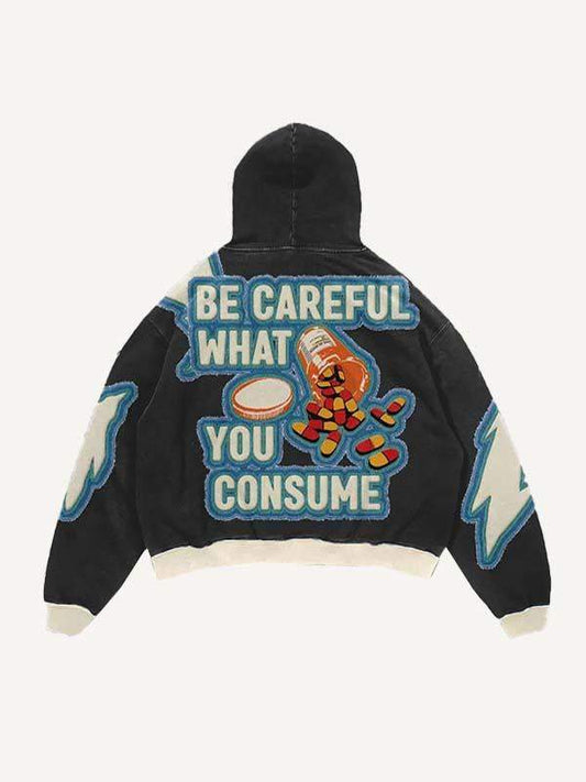 Kapuzenpullover mit Medizinflasche und Buchstaben-Imitat-Aufkleber-Print und schrägen Taschen