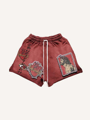 Figure&Letter&Heart Faux Decal Print Drawstring Waist Shorts