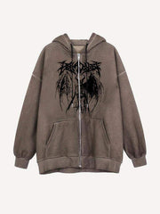 Graphic Print Drawstring Zip Up Hooded Coat