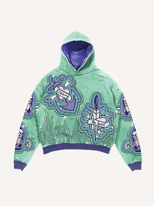 Heart&Sword&Arrow&Skeleton&Letter&Fire Faux Rhinestones Print Faux Decal Print Slant Pockets Hoodie