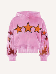 Fire&Star&Letter Print Zip Up Hooded Coat
