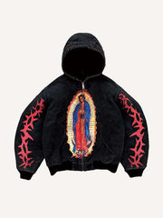 Figure&Graphic Print Zip Up Hooded Coat