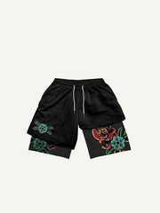 Fake Two Pieces Floral Print Drawstring Waist Shorts