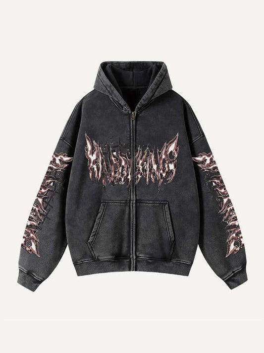 Skeleton&Wing&Letter Print Zip Up Slant Pockets Hooded Coat