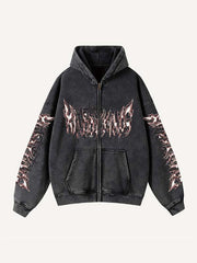 Skeleton&Wing&Letter Print Zip Up Slant Pockets Hooded Coat