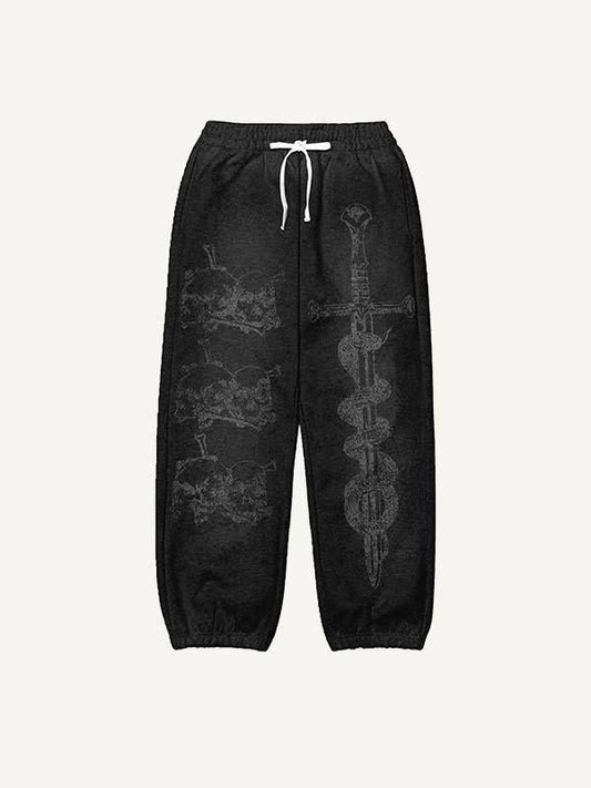 Sword&Snake&Letter&Skull Print Elastic Waist Pants