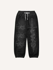 Sword&Snake&Letter&Skull Print Elastic Waist Pants