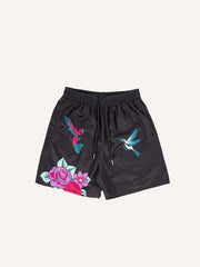 Bird&Floral Print Mesh Drawstring Waist Shorts
