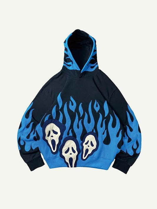 Colorblock Fire Skull Faux Decal Print Slant Pockets Hoodie