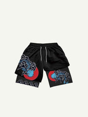 Fake Two Pieces Fish Graphic Print Drawstring Waist Shorts