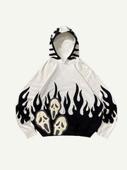 Colorblock Fire Skull Faux Decal Print Slant Pockets Hoodie