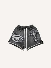 Eye&Cross&Dice&Star Faux Decal Print Drawstring Waist Shorts