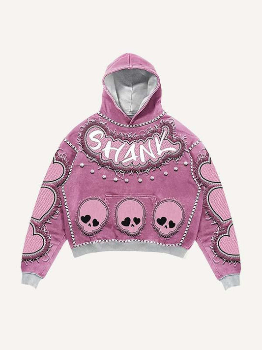 Skull Heart Letter Faux Rhinestones Print Faux Decal Print Slant Pockets Hoodie