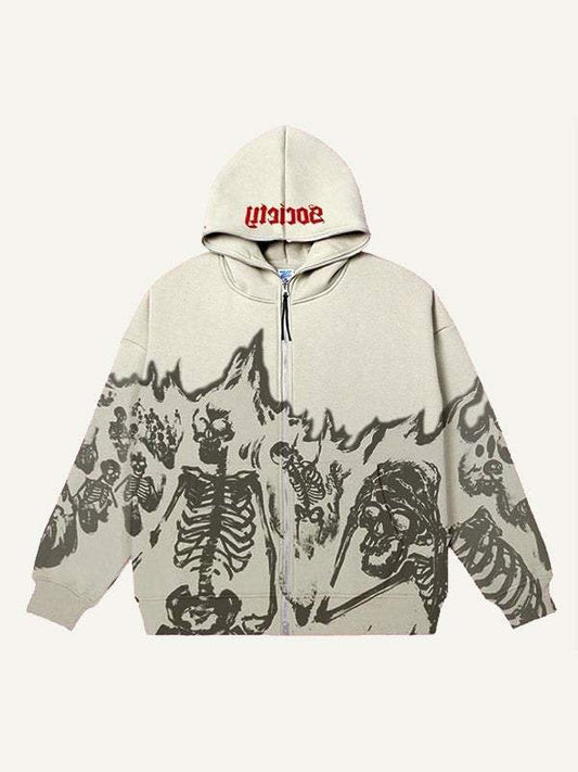 Letter&Skeleton Print Zip Up Hooded Coat