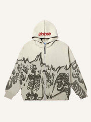Letter&Skeleton Print Zip Up Hooded Coat