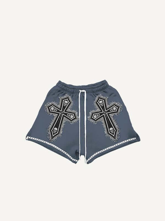 Skull&Letter&Cross Print Drawstring Waist Shorts