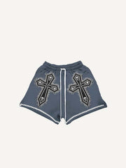 Skull&Letter&Cross Print Drawstring Waist Shorts