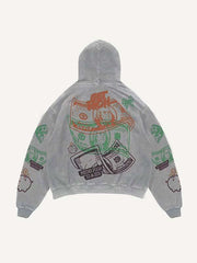 Money&Pig&Bow&Letter Print Slant Pockets Hoodie