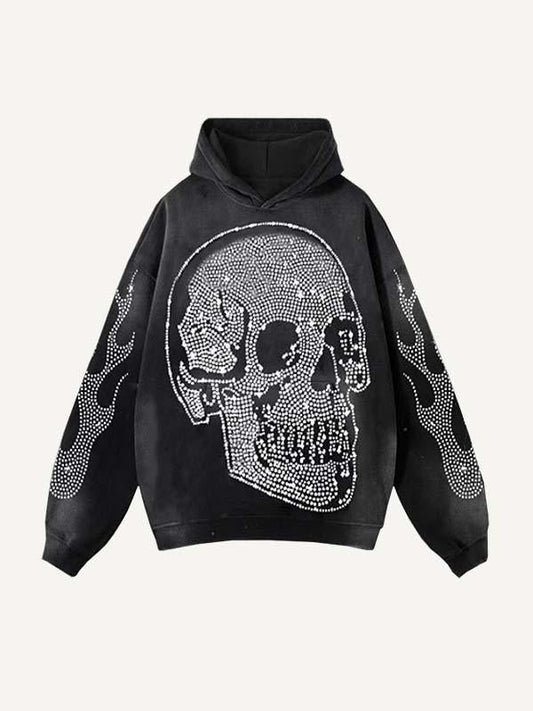 Skull&Gesture Faux Rhinestones Print Slant Pockets Hoodie