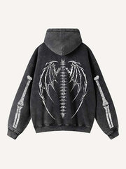 Skeleton&Heart&Wing Print Zip Up Slant Pockets Hooded Coat