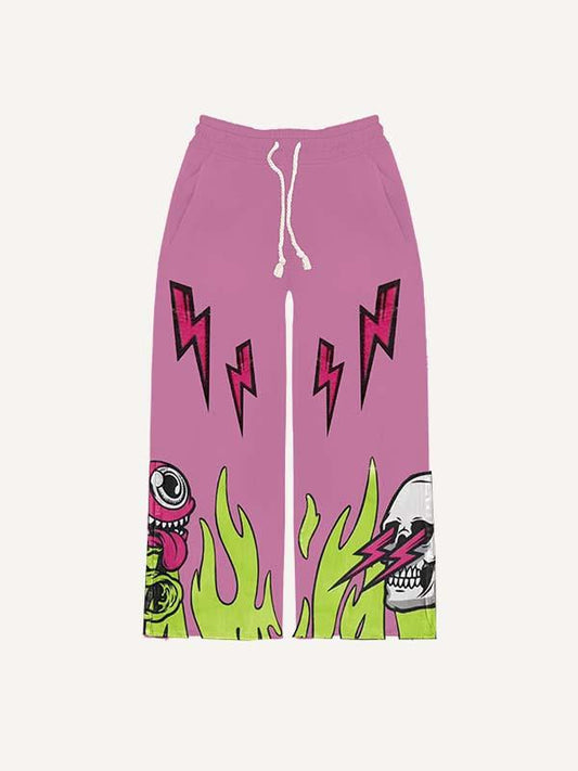 Eyeball&Skull&Star&Tongue&Fire Print Elastic Waist Pants