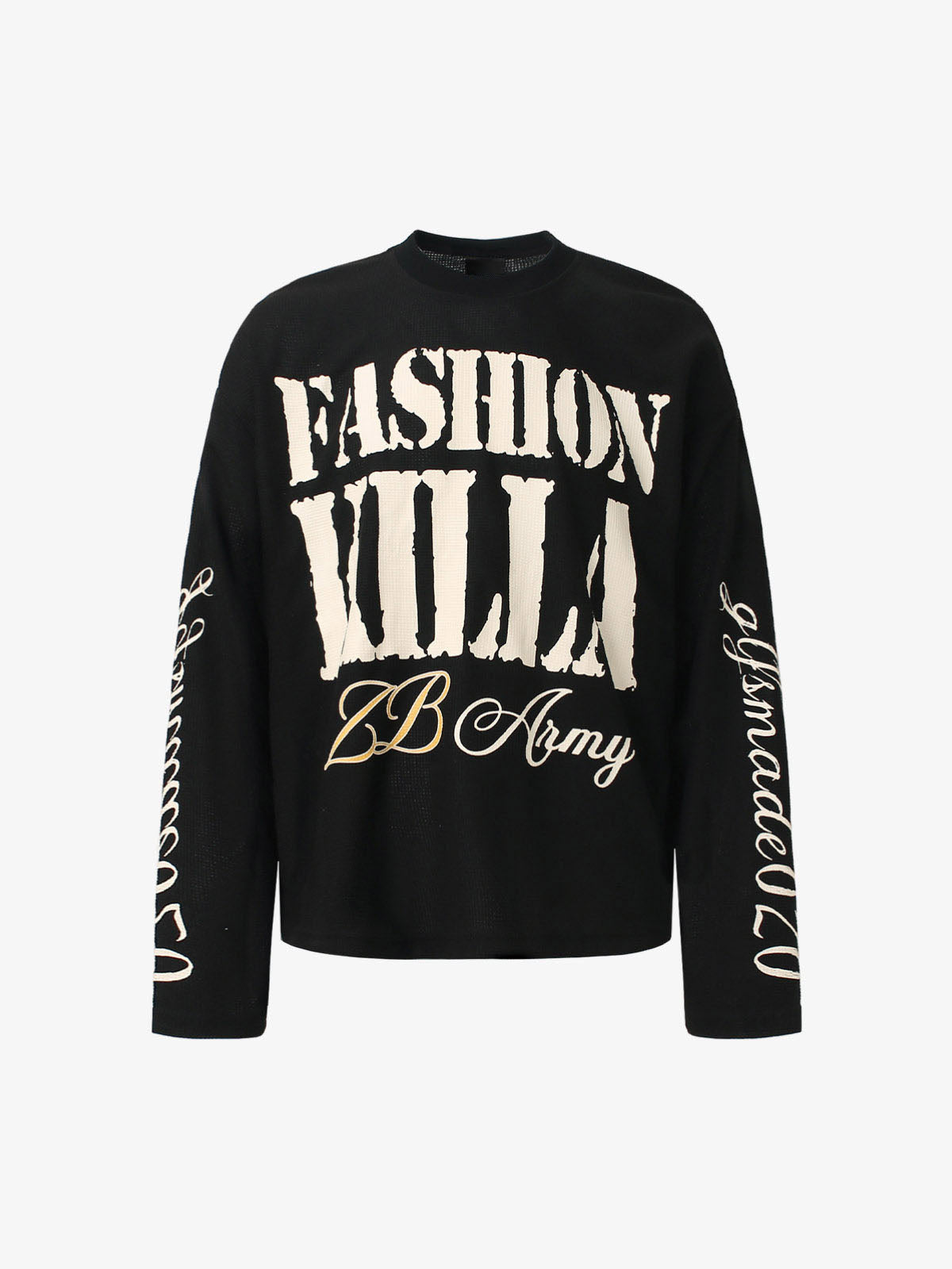Retro Letter Print Waffle Simplicity Long-Sleeved T-Shirt