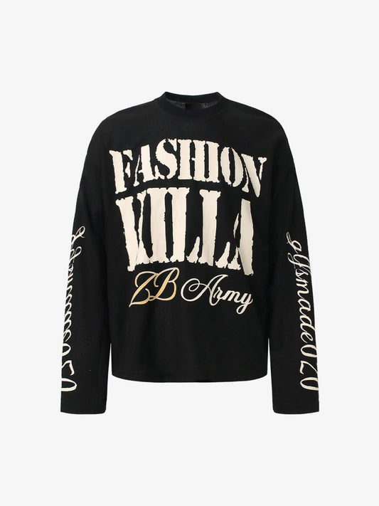 Retro Letter Print Waffle Simplicity Long-Sleeved T-Shirt