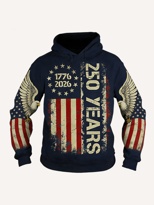 Vintage Patriotic 250 Years of Freedom Hoodie 1776-2026 American Flag Eagle Graphic Pullover