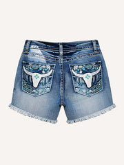 Denim Embroidered Wing Decor Sexy Short Jeans
