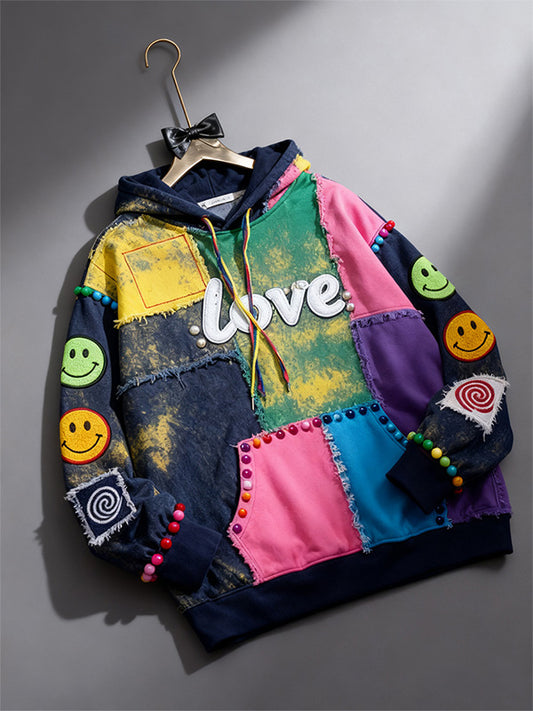 Fashionable patchwork texture print hooded sweatshirt