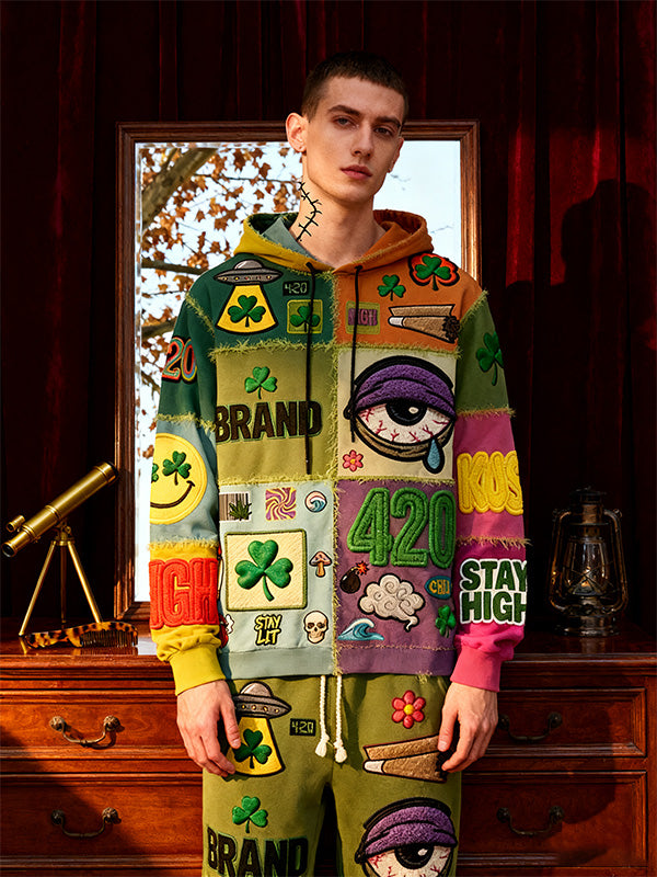 Fashionable Christmas and four-season sweatshirt with multi-pattern patchwork prints